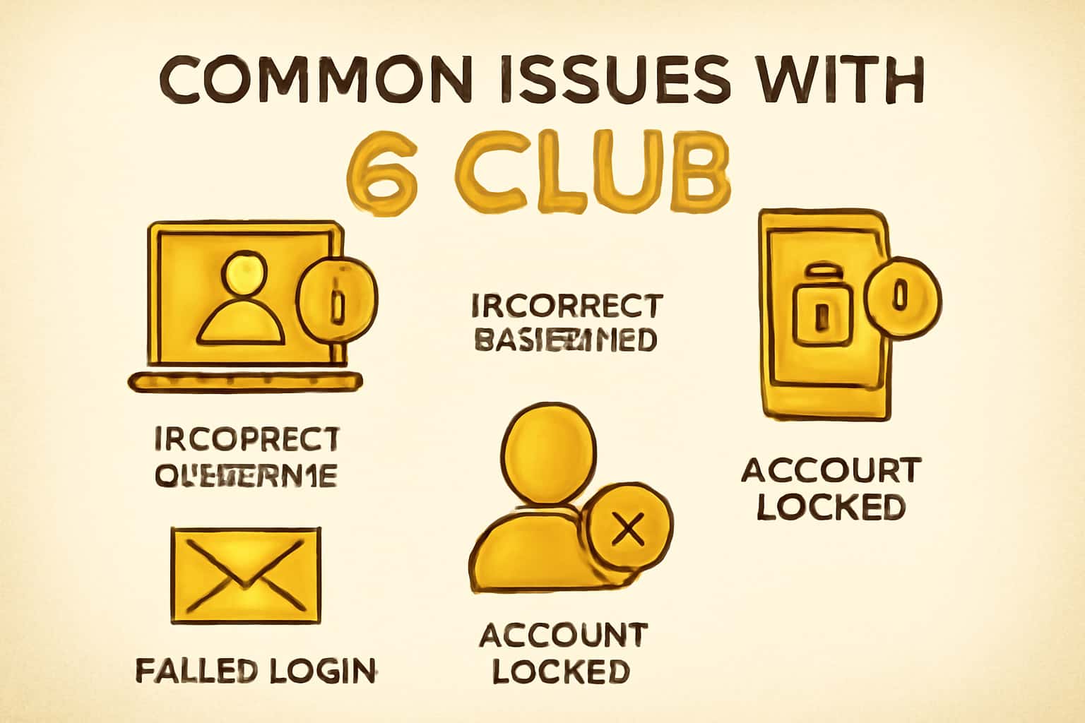 A neutral informational scene depicting common issues with 6 Club login.