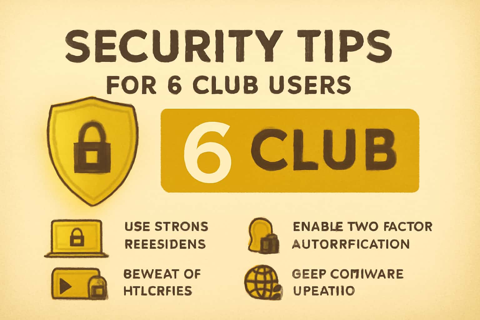 A visual representation of security tips for 6 Club users, highlighting essential practices.